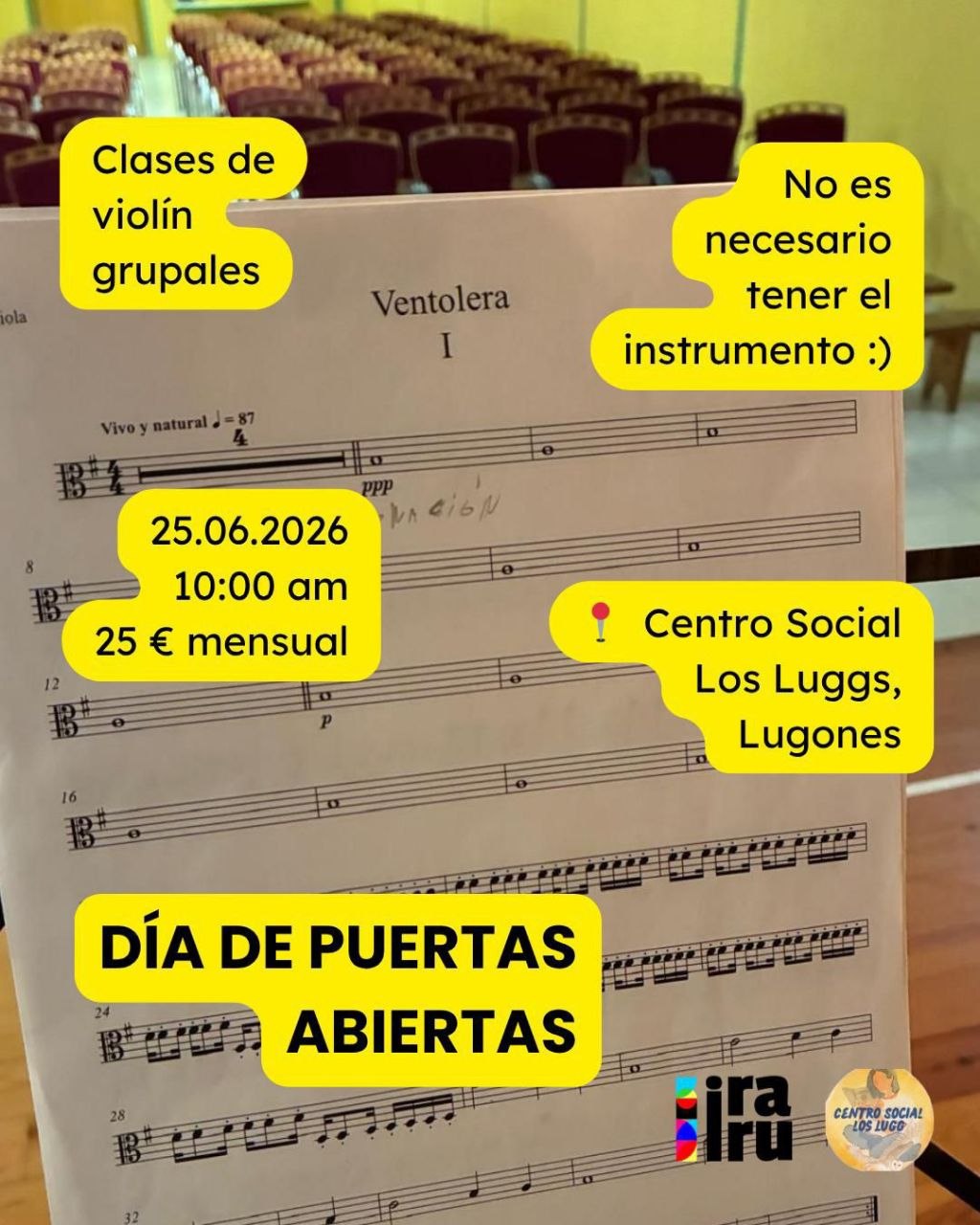 Cartel de clases de violín grupales en el Centro Social Los Lugg