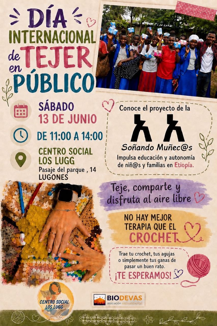 Cartel del Día Internacional de Tejer en Público - 13 de junio en el Centro Social Los Lugg
