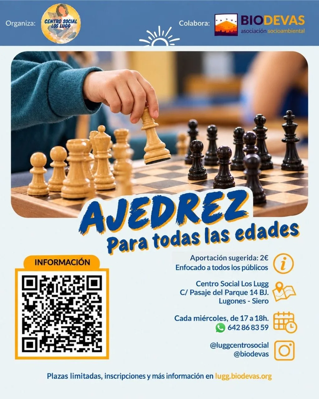 Cartel de las clases de ajedrez y desarrollo social del Centro Social Los Lugg