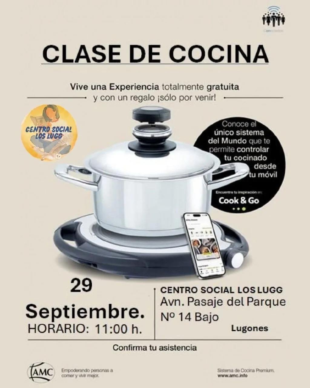 Cartel de la clase de cocina gratuita con el sistema Cook & Go en el Centro Social Los Lugg