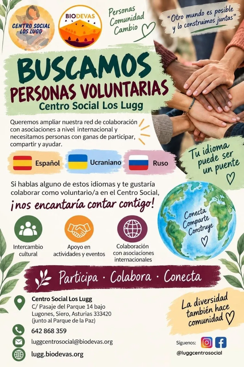 Cartel: buscamos personas voluntarias en el Centro Social Los Lugg