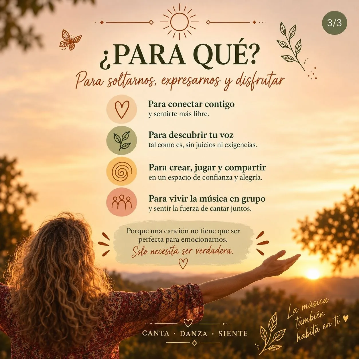 Infografía de Canciones Medicina: para conectar contigo, descubrir tu voz, crear y compartir, y vivir la música en grupo