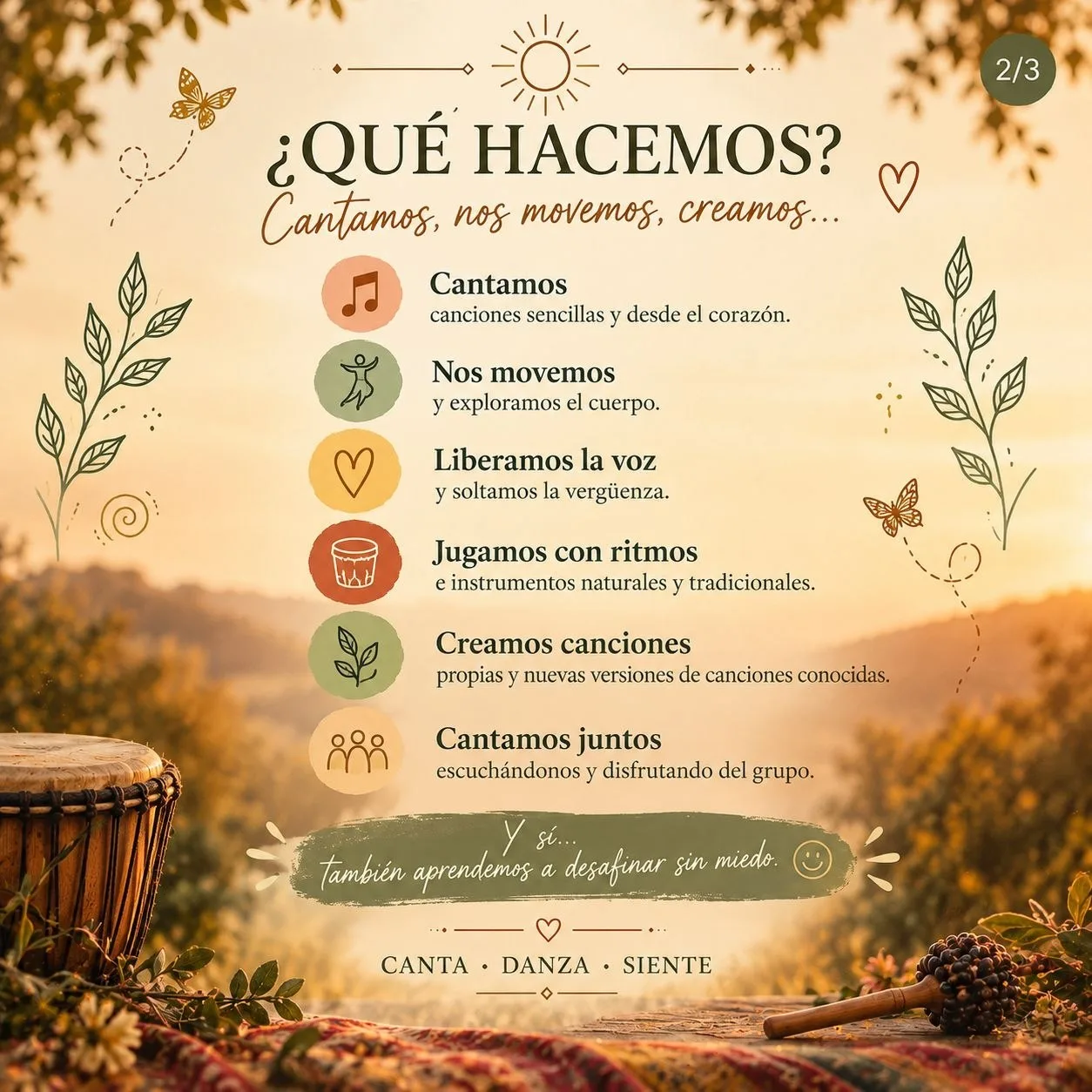 Infografía de Canciones Medicina: cantamos, nos movemos, liberamos la voz, jugamos con ritmos, creamos canciones y cantamos juntos