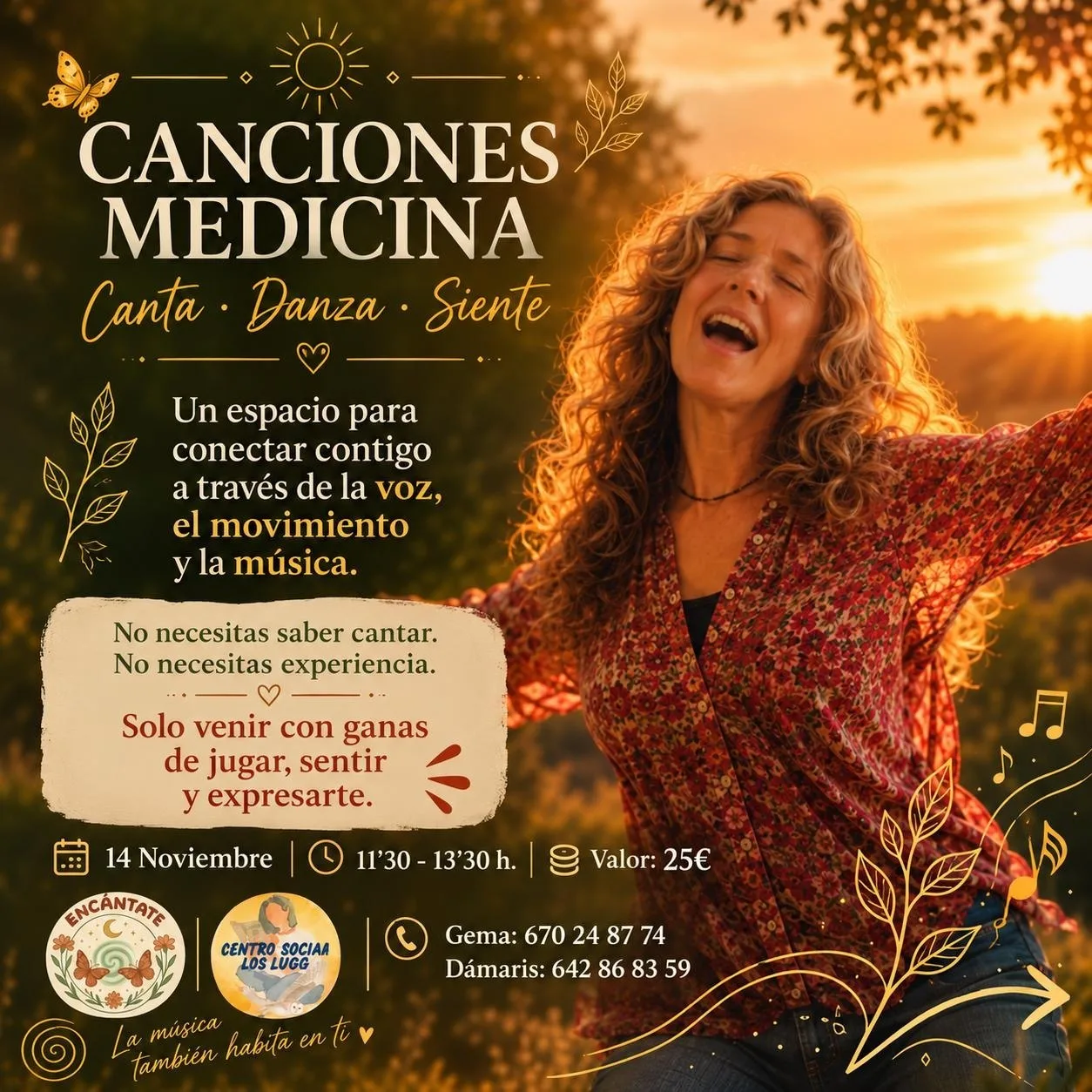 Cartel del taller Canciones Medicina: canta, danza y siente, sábado 14 de noviembre, en el Centro Social Los Lugg