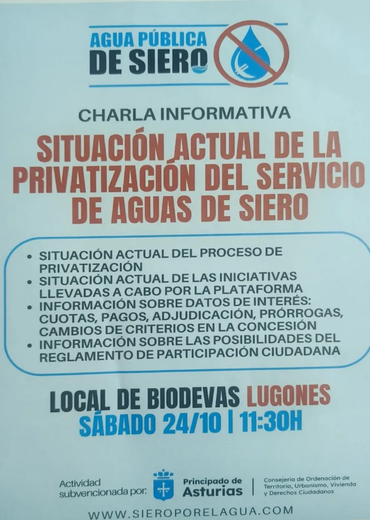 Cartel de la charla informativa sobre la privatización del servicio de aguas de Siero, sábado 24 de octubre a las 11:30 en el Local de Biodevas Lugones
