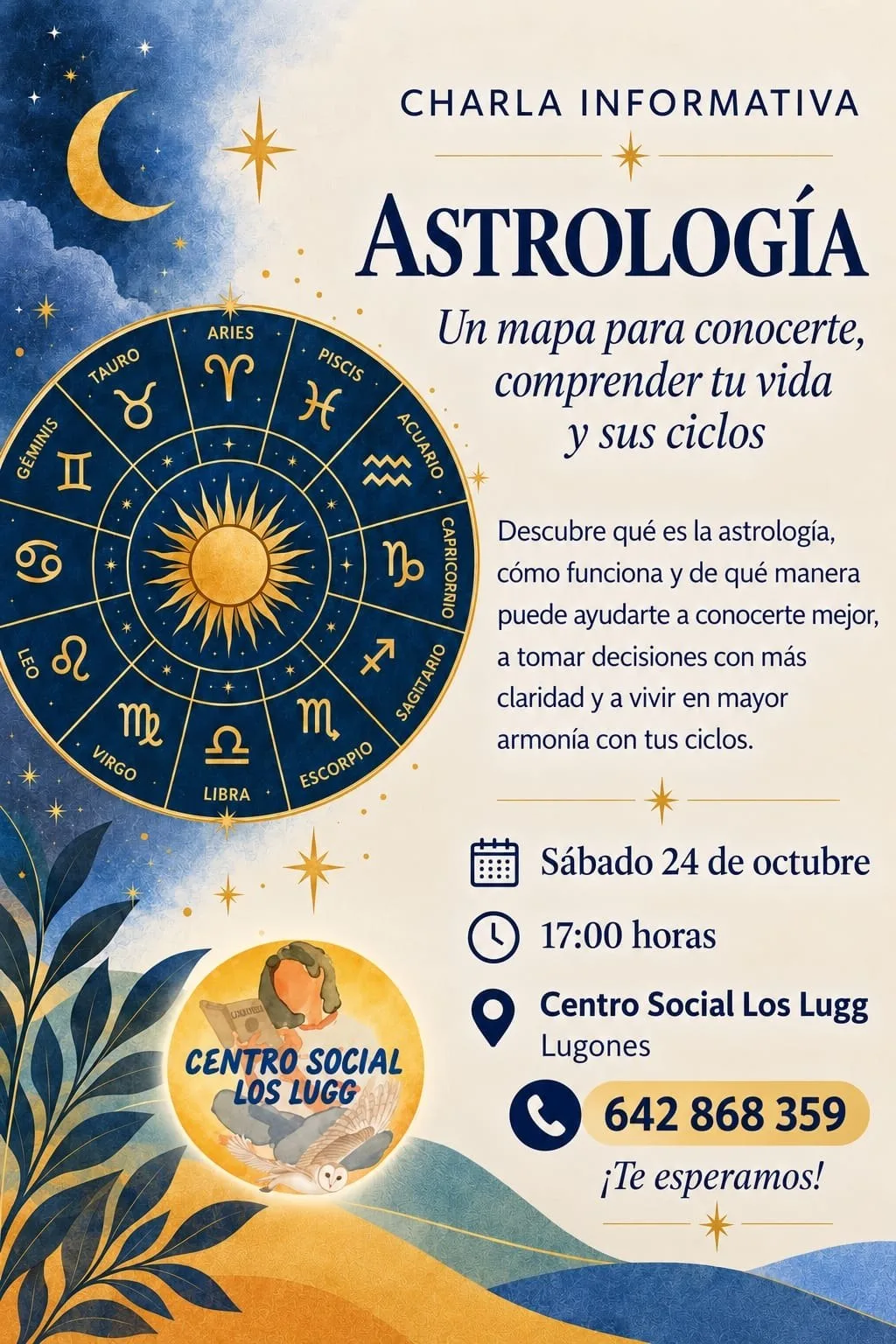 Cartel de la charla informativa sobre astrología del sábado 24 de octubre en el Centro Social Los Lugg (Lugones, Siero)