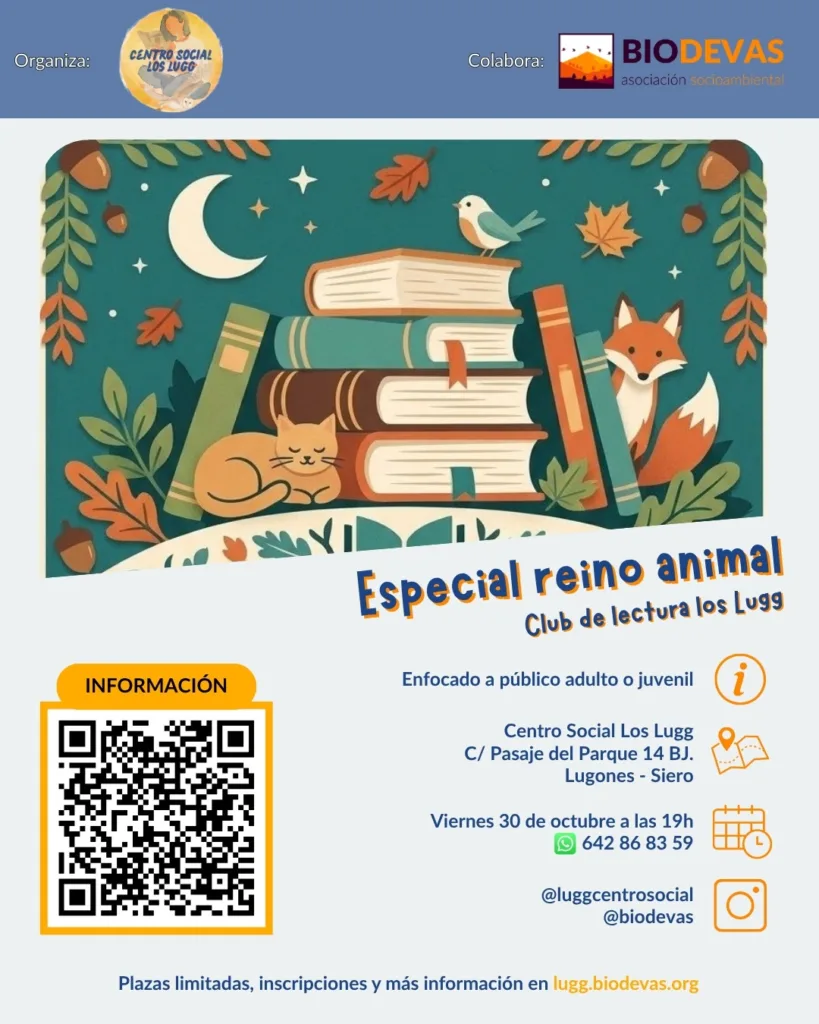 Cartel del club de lectura del Centro Social Los Lugg: especial reino animal, viernes 30 de octubre a las 19 h