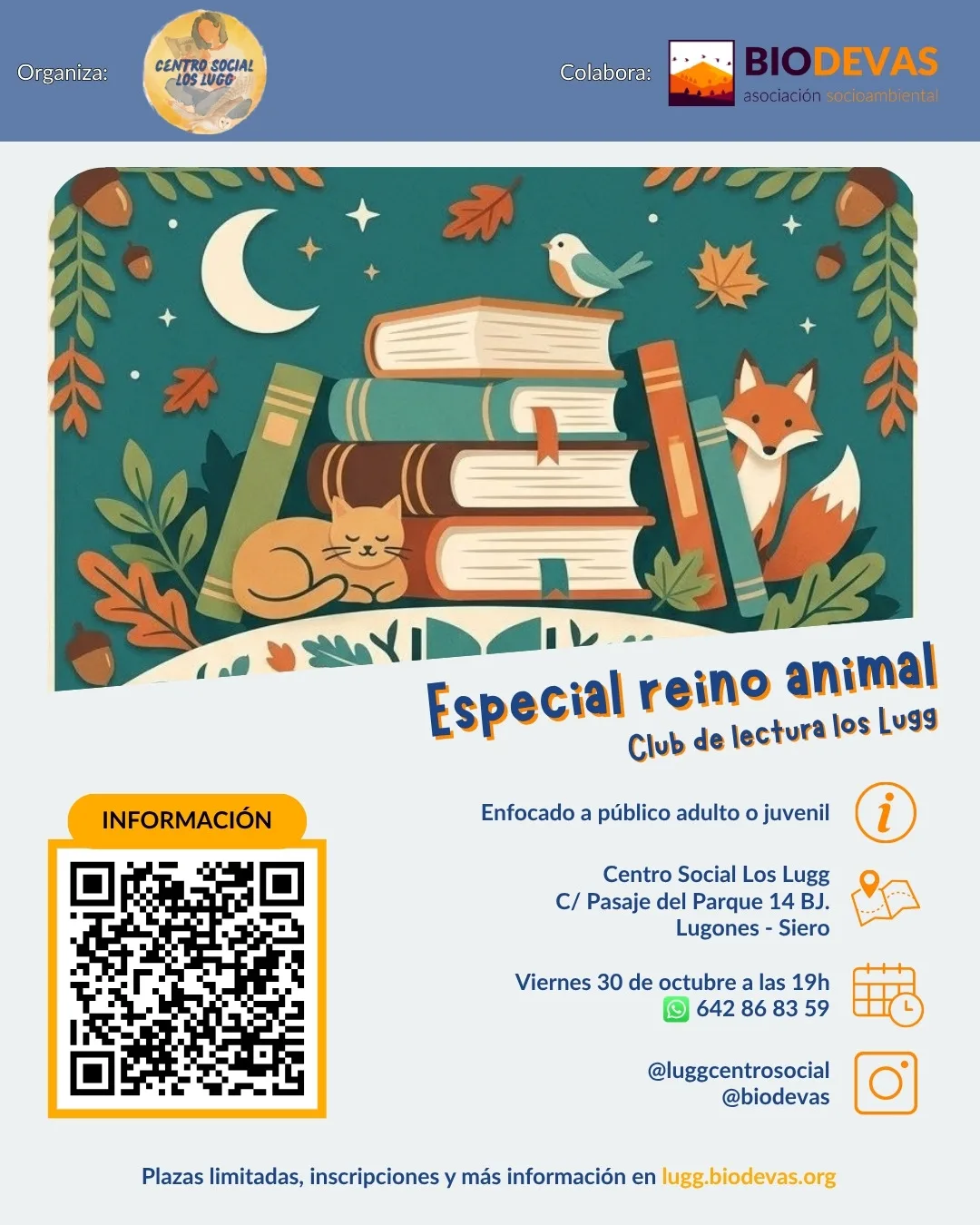 Cartel del club de lectura: especial reino animal, viernes 30 de octubre a las 19 h